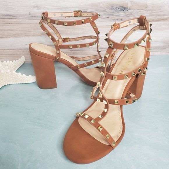 New! Studded Strappy Open Toe Cognac Chunk… - Picture 4 of 8
